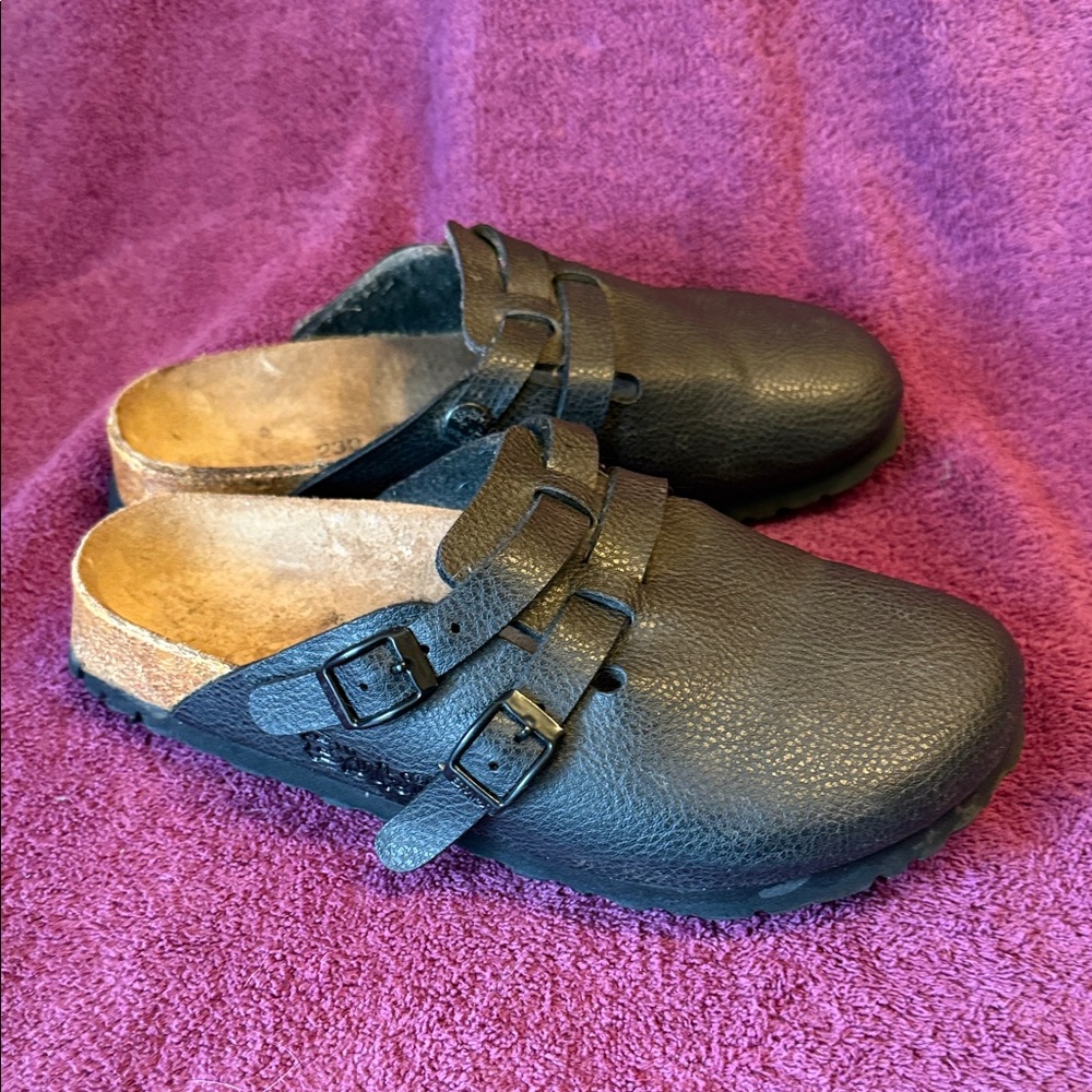 Birkenstock Black Leather Dual-Buckle Clogs